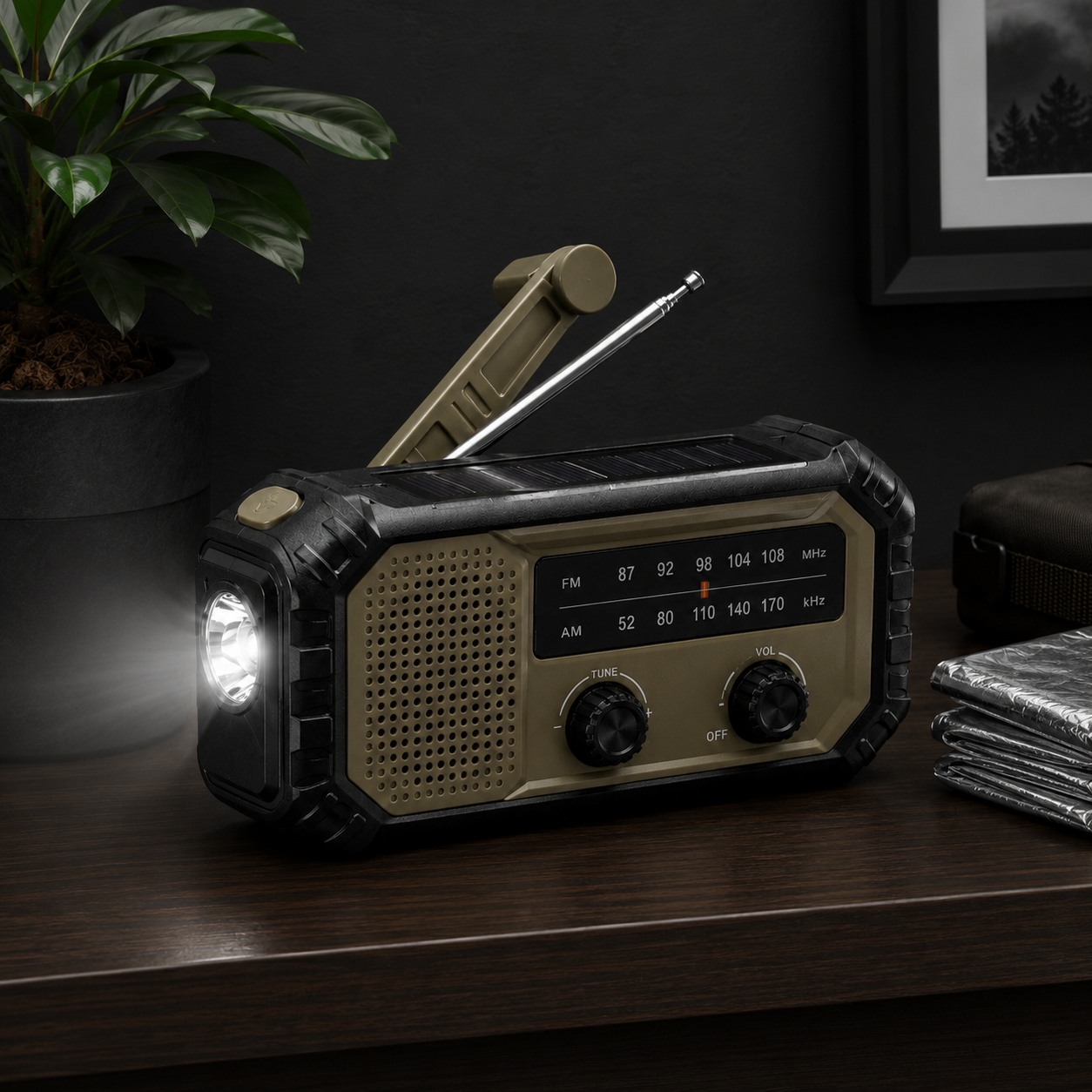 Portable Solar Emergency Radio – Hand-Crank AM/FM Survival Radio with Built-In Flashlight for Power Outages, Camping & Car Emergency Kits