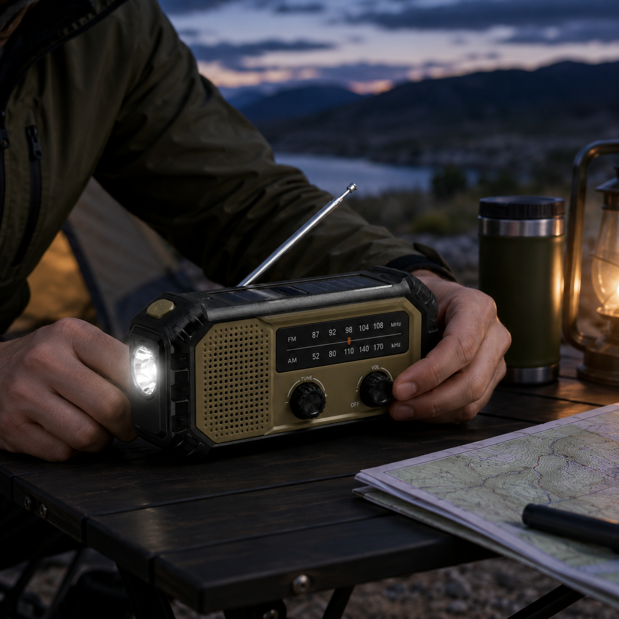 Portable Solar Emergency Radio – Hand-Crank AM/FM Survival Radio with Built-In Flashlight for Power Outages, Camping & Car Emergency Kits