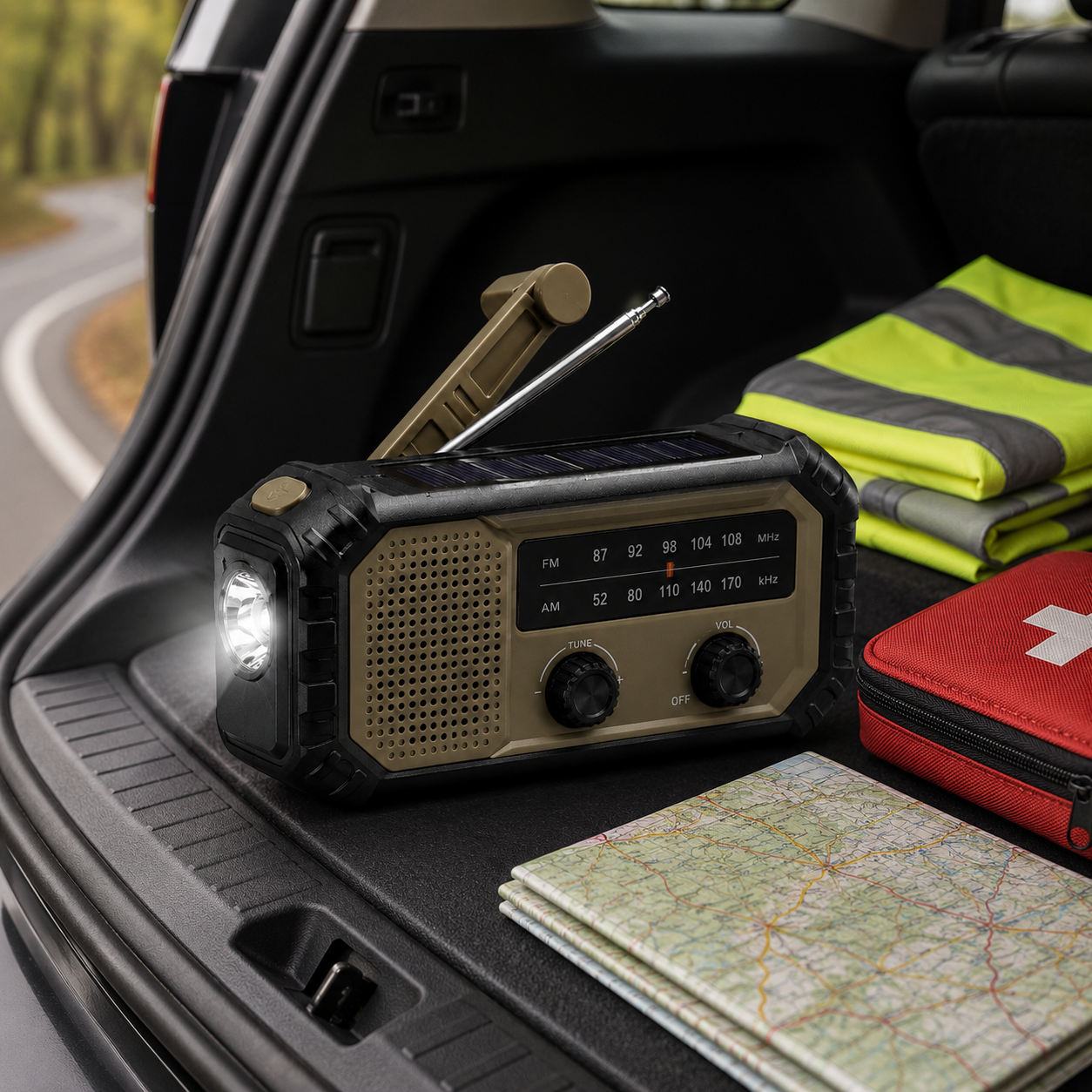 Portable Solar Emergency Radio – Hand-Crank AM/FM Survival Radio with Built-In Flashlight for Power Outages, Camping & Car Emergency Kits