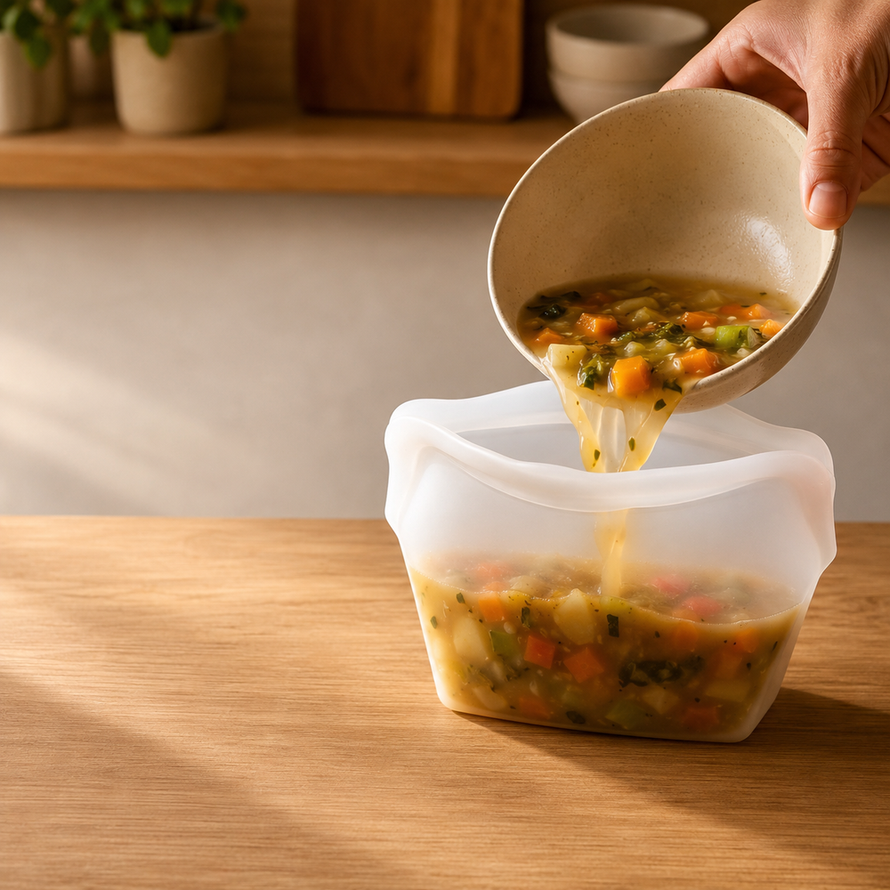 Önmagában is megálló szilikon ételtároló tasak – 1 liter